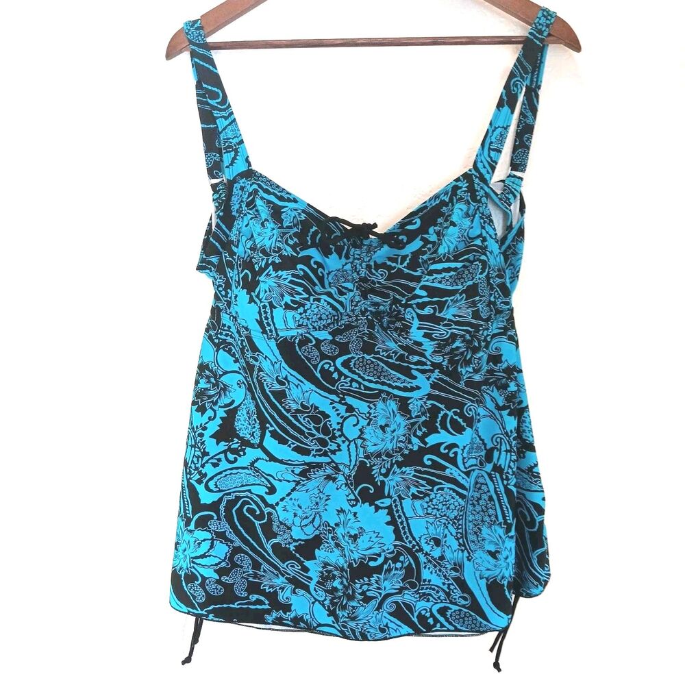 Plus Size 18 Tankini Swim Top Blue Black Paisley Floral Ruched Adjustable